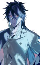  1boy alternate_universe black_hair bleach coat commentary_request enpissi kurosaki_ichigo long_hair male_focus quincy_(bleach) red_eyes saigo_no_getsuga_tenshou solo upper_body very_long_hair watermark white_coat 