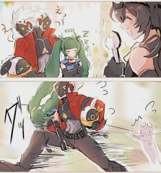 1boy billy_kid chasing grace_howard long_hair multiple_girls qingyi_(zenless_zone_zero) zenless_zone_zero