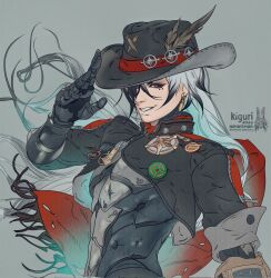  1boy artist_name black_eyes black_hair black_hat black_jacket boothill_(honkai:_star_rail) bullet_earrings cape closed_mouth covering_one_eye cowboy_hat cropped_jacket crosshair_pupils cyborg earrings english_commentary feathers grin hat highres honkai:_star_rail honkai_(series) jacket jewelry kiguri long_hair male_focus mechanical_arms mole mole_under_eye multicolored_hair multiple_moles red_cape smile solo streaked_hair upper_body very_long_hair white_hair 