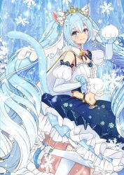  1girl animal_ears animal_hands aqua_eyes aqua_hair beamed_eighth_notes blue_dress breasts cat_ears cat_girl cat_paws cat_tail closed_mouth commentary_request detached_collar detached_sleeves dress eighth_note frilled_dress frills gold_tiara gold_trim hair_between_eyes hair_ornament hatsune_miku highres jewelry light_blush long_hair long_sleeves looking_at_viewer midriff mofmama musical_note musical_note_hair_ornament musical_note_print navel official_alternate_costume official_alternate_hairstyle princess small_breasts smile snowflake_hair_ornament solo stomach tail thigh-highs tiara twintails very_long_hair vocaloid white_thighhighs yuki_miku yuki_miku_(2019) 