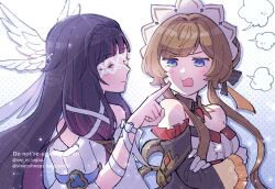  2girls arm_ribbon arms_under_breasts bare_shoulders black_collar black_dress black_hair black_sleeves blue_eyes bluesky_username blush bonnet brown_hair cheek_poking closed_eyes closed_mouth collar columbina_(genshin_impact) crossed_arms detached_collar detached_sleeves dress eye_mask facing_another frilled_sleeves frills genshin_impact gloves gradient_background gradient_hair hair_ribbon hand_up head_wings long_hair mask multicolored_hair multiple_girls off-shoulder_dress off_shoulder open_mouth poking polka_dot polka_dot_background puff_of_air purple_hair rem_sleep ribbon sandrone_(genshin_impact) smile streaked_hair twitter_username upper_body watermark watermark_grid white_background white_dress white_gloves white_ribbon white_wings winding_key wings wrist_bow 