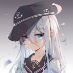  1girl ahoge anchor_symbol bangs baseball_cap blue_eyes blurry collarbone commentary_request depth_of_field gradient gradient_background grey_background hair_between_eyes hat hibiki_(kancolle) highres kantai_collection long_hair long_sleeves looking_at_viewer luckyes school_uniform serafuku sidelocks simple_background solo white_hair 