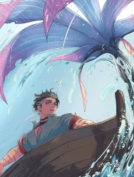  2boys absurdres alternate_costume black_bandages black_hair blue_sky boat commentary english_commentary fisherman from_below genshin_impact grey_hair highres looking_at_another male_focus merman monster_boy multicolored_hair multiple_boys multiple_scars naya_(onaxart) neuvillette_(genshin_impact) on_boat scar scar_on_arm scar_on_neck sky surprised two-tone_hair watercraft wriothesley_(genshin_impact) 