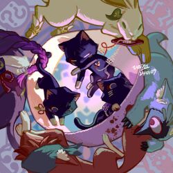  abstract_background animal_ear_fluff animalization blood braid cat cat_boy cat_girl chinese_commentary closed_eyes dottore_(genshin_impact) faceless faceless_female fox fox_boy from_side furry furry_female furry_male genshin_impact hair_ornament hair_ribbon heart heart-shaped_hole heart_of_string japanese_clothes jewelry jingmaishaonu leaf_hair_ornament long_braid monster_boy mother_and_son nahida_(genshin_impact) naked_mole_rat necklace niwa_(genshin_impact) no_humans out_of_frame purple_hair rabbit rabbit_girl raiden_shogun ribbon scaramouche_(genshin_impact) scarf shade single_braid violet_eyes 