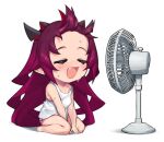  1girl barefoot chibi closed_eyes dasdokter electric_fan fang hololive hololive_english horns hot irys_(hololive) long_hair panties pointy_ears purple_hair sitting striped striped_panties sweat tank_top underwear virtual_youtuber wariza wind 