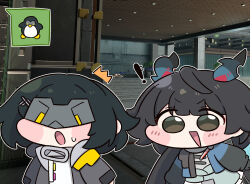  ! 2girls :d :o ^^^ arknights arknights:_endfield beleullin black_coat black_hair blindfold_mask blue_jacket blue_skirt blush blush_stickers bob_cut brown_eyes chen_qianyu_(arknights) chibi chibi_only coat commentary dragon_girl dragon_horns endministrator_(arknights) facial_recognition female_endministrator_(arknights) game_screenshot_background hashtag-only_commentary highres horns jacket long_hair long_sleeves mask medium_hair multiple_girls open_clothes open_coat open_jacket open_mouth outdoors outline screenshot_background skirt smile speech_bubble sweatdrop sweater twintails untranslatable_commentary white_outline white_sweater 