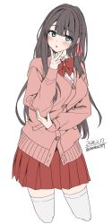  1girl absurdres blue_eyes blush bow bowtie braid breasts brown_hair cardigan collared_shirt commentary_request hair_ornament hair_ribbon hairclip highres long_hair long_sleeves looking_at_viewer medium_breasts original parted_lips pink_cardigan pink_ribbon pleated_skirt red_bow red_bowtie red_skirt ribbon school_uniform shirt simple_background skirt solo thigh-highs unasaka_ryou v white_background white_shirt white_thighhighs zettai_ryouiki 