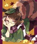  1girl :3 animal_ears arm_support bangs brown-framed_eyewear brown_eyes brown_hair brown_pants brown_scarf checkered_clothes checkered_scarf commentary feet_out_of_frame fluffy futatsuiwa_mamizou glasses green_shirt hand_on_own_cheek hand_on_own_face highres holding holding_smoking_pipe leaf leaf_on_head lying nikorashi-ka on_stomach one-hour_drawing_challenge pants raccoon_ears raccoon_tail scarf semi-rimless_eyewear shirt short_hair sideways_glance smoking_pipe smug solo tail touhou white_scarf 