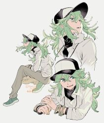  1boy absurdres baseball_cap black_shirt blue_eyes cropped_torso crossed_bangs double-parted_bangs green_hair grey_pants hair_between_eyes hat highres jewelry layered_sleeves long_hair long_sleeves looking_to_the_side male_focus n_(pokemon) necklace newo_(shinra-p) open_collar open_mouth pants pokemon pokemon_bw ponytail popped_collar shirt shoes sideways_glance simple_background white_background white_shirt wing_collar 
