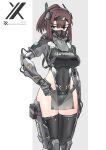  1girl absurdres aqua_eyes armor breasts brown_hair commentary_request grey_background hairband hand_on_hip highleg highleg_leotard highres joints large_breasts leotard mask mecha_musume original pelvic_curtain ponytail prosthesis prosthetic_arm robot_joints sherman_(egnk2525) standing thigh-highs two-tone_background white_background 