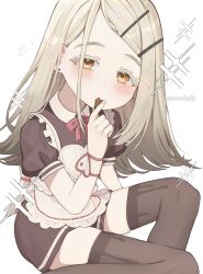  1girl apron black_shirt black_shorts black_thighhighs blonde_hair blush bow bowtie chocolate collared_shirt colored_eyelashes commentary_request contrast_collar earrings eating feet_out_of_frame food frilled_apron frills gakuen_idolmaster gradient_hair grey_hair hair_ornament hairclip happy_mille-feuille_(idolmaster) heart_apron highres holding holding_chocolate holding_food idolmaster jewelry long_hair looking_at_viewer maid maid_apron multicolored_hair noko_(nowako33) open_mouth orange_eyes parallel_hairclips puffy_short_sleeves puffy_sleeves red_bow red_bowtie shinosawa_hiro shirt short_sleeves shorts sitting solo stud_earrings thigh-highs twitter_username white_apron white_background wrist_cuffs 