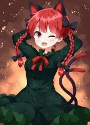  1girl animal_ears arms_up blush bow braid breasts cat_ears cat_tail commentary dress extra_ears fang frilled_dress frills green_dress hair_bow highres kaenbyou_rin long_sleeves medium_breasts multiple_tails nekomata one_eye_closed open_mouth red_hair ruu_(tksymkw) smile solo tail touhou twin_braids two_tails 