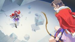  2girls aiguillette arrow_(projectile) belt black_boots black_jacket boots bow bow_(weapon) bowtie brown_eyes brown_hair celia_(reverse:1999) chinese_commentary commentary_request cosplay epaulettes felicienne_(reverse:1999) from_above fur-trimmed_jacket fur_trim glasses hand_on_own_hip highres holding holding_bow_(weapon) holding_sword holding_weapon jacket jacket_on_shoulders looking_at_another looking_down looking_up miniskirt multiple_girls planted planted_arrow pleated_skirt purple_bow purple_bowtie purple_hair purple_jacket purple_skirt red_jacket red_sash reverse:1999 rokilly round_eyewear rubble sash short_hair shoujo_kageki_revue_starlight shoulder_sash skirt squatting standing sword violet_eyes weapon yellow_belt 