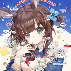  1girl :< amiya_(arknights) animal_ears apron arknights blue_bow blue_dress blue_eyes bow brown_hair buttons candy chinese_commentary collared_shirt commentary_request commission dress fingernails food frilled_apron frills guoshixing hair_bow highres holding holding_candy holding_food light_blush long_sleeves looking_at_viewer official_alternate_costume one_side_up portrait rabbit_ears rabbit_girl shirt solo too_many_watermarks watermark white_apron white_rabbit_candy 