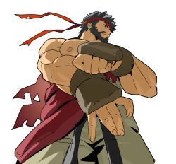  1boy absurdres adjusting_clothes adjusting_gloves beard black_hair brown_eyes brown_gloves cloak closed_mouth cowboy_shot facial_hair forked_eyebrows frown gloves grey_pants headband highres looking_to_the_side male_focus pants red_cloak red_headband ryu_(street_fighter) sach56000 short_hair simple_background solo street_fighter street_fighter_6 topless_male torn_cloak torn_clothes v-shaped_eyebrows white_background 