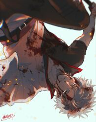  1boy ameyasorajiro blood bokken commentary_request gintama hadanugi_dousa highres japanese_clothes kimono male_focus open_clothes open_kimono sakata_gintoki solo sword weapon white_hair white_kimono wooden_sword 