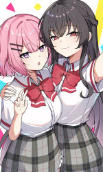  2girls amaori_renako ashigaya_high_school_uniform black_hair bow bowtie braid breasts collared_shirt commentary crossed_bangs dress_shirt frilled_skirt frills hair_between_eyes hair_ornament hairclip half_up_braid highres koto_satsuki long_hair multiple_girls parallel_hairclips pink_hair plaid_clothes plaid_skirt pleated_skirt red_bow red_bowtie red_eyes retyutyu_tyu school_uniform selfie shirt shirt_tucked_in short_hair short_sleeves sidelocks skirt small_sweatdrop smile v very_long_hair violet_eyes watashi_ga_koibito_ni_nareru_wake_naijan_murimuri! white_shirt x_hair_ornament 