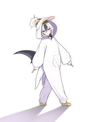  1girl absurdres animal_costume black_choker black_hair blue_archive choker closed_mouth commentary cosplay full_body hair_between_eyes highres hood hood_up kayoko_(blue_archive) lenslans long_sleeves looking_at_viewer multicolored_hair peroro_(blue_archive) peroro_(blue_archive)_(cosplay) red_eyes shadow solo twitter_username two-tone_hair walking white_hair 