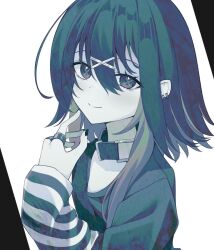  1girl arm_warmers belt_collar black_arm_warmers black_border black_eyes black_hair black_nails black_shirt border collar commentary cross cross-shaped_pupils double-parted_bangs earrings grey_hair hair_between_eyes hair_ornament jewelry looking_at_viewer medium_hair multicolored_hair original portrait ring shirt sidelocks simple_background striped_arm_warmers su_ha_ya symbol-shaped_pupils two-tone_hair white_arm_warmers white_background wolf_cut x_hair_ornament yayo-cha_(su_ha_ya) 