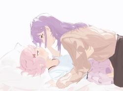  2girls black_skirt brown_sweater commentary covering_another's_mouth doki_doki_literature_club english_commentary girl_on_top hair_ornament hairclip highres imlynyy long_hair lying multiple_girls natsuki_(doki_doki_literature_club) nnnnnanashiiii on_back pillow pink_hair pink_skirt purple_hair shirt short_hair skirt sweater violet_eyes white_background white_shirt yuri yuri_(doki_doki_literature_club) 