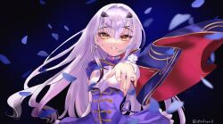  1girl absurdres breasts commentary_request dress earrings falling_petals fate/grand_order fate_(series) gem halterneck highres jewelry klash long_sleeves looking_at_viewer melusine_(fate) outstretched_arm petals pink_gem reaching reaching_towards_viewer side_cape small_breasts smile solo underbust white_hair yellow_eyes 