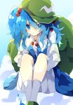  1girl :t backpack bag bangs bloomers blue_eyes blue_hair blue_skirt blue_vest blush collared_shirt commentary feet_out_of_frame flat_cap frilled_shirt_collar frills green_bag green_headwear green_legwear hair_between_eyes hair_bobbles hair_ornament hat highres hugging_own_legs kawashiro_nitori knees_up long_hair long_sleeves neck_bobbles nikorashi-ka one-hour_drawing_challenge pout shirt sitting skirt solo touhou two_side_up underwear vest white_shirt 