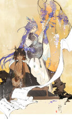  2girls absurdres arknights black_hair black_hands calligraphy calligraphy_brush china_dress chinese_clothes chinese_commentary closed_eyes closed_mouth colored_extremities commentary_request dragon_girl dragon_horns dress facing_to_the_side floating_hair flower highres holding holding_calligraphy_brush holding_paintbrush horns instrument jie_(arknights) jun_(arknights) long_hair long_sleeves looking_at_viewer mei_ren multiple_girls music orange_hair paintbrush playing_instrument pointy_ears purple_flower purple_hair purple_hands ruan short_hair siblings sisters sitting smile very_long_hair white_dress wide_sleeves 