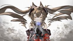  1girl absurdres angelina_(arknights) animal_ear_fluff animal_ears arknights arknights:_endfield artist_self-insert bare_shoulders black_gloves blue_flower bracelet brown_hair coat commentary double-parted_bangs dress elbow_gloves floor flower flower_request fox_ears fox_girl gilberta_(arknights) gloves grey_dress headpiece high_collar highres holding holding_flower infection_monitor_(arknights) jewelry light_smile long_hair long_sidelocks long_sleeves narrowed_eyes off_shoulder open_clothes open_coat orange_eyes owlwy_(owl_roi) red_coat sidelocks signature sleeveless sleeveless_dress solo twintails upper_body white_background 