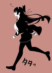  1girl absurdres azur_lane black_pantyhose black_shirt black_skirt bow brown_background from_side hair_bow highres horns long_hair long_sleeves musical_note neckerchief oni open_mouth pantyhose rhoia168 sakawa_(azur_lane) shirt simple_background skirt solo walking 