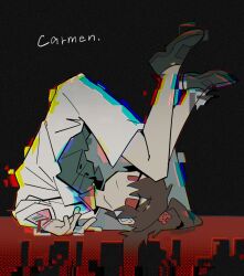  blood carmen_(project_moon) chengzimianbao dark_background green_shirt lab_coat library_of_ruina limbus_company lobotomy_corporation looking_at_viewer project_moon red_eyes smile 