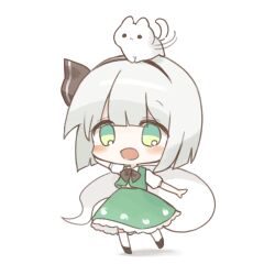  1girl animal_on_head black_bow black_bowtie black_hairband bow bowtie cat chibi chibi_only commentary commission full_body green_skirt green_vest grey_hair hairband highres hitodama konpaku_youmu konpaku_youmu_(ghost) on_head pixiv_commission pudding_(skymint_028) puffy_short_sleeves puffy_sleeves shirt short_sleeves simple_background skirt skirt_set solo touhou vest white_background white_shirt 