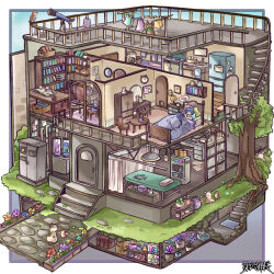  1girl basket bed bird blue_hair book bookshelf border broken_window cabinet chair chigu clothesline commentary_request commission dairoku_ryouhei desk diorama first_aid_kit floorplan flower long_hair outside_border plate rabbit refrigerator screw sink sleeping speech_bubble stove stuffed_animal stuffed_toy telescope thought_bubble tree washing_machine wrench 