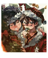  2boys ace_of_diamond black-framed_eyewear black_hair blush brown_eyes brown_hair christmas_tree collared_shirt doughnut eating food glasses hair_between_eyes hat holding holding_donut holding_food looking_at_another male_focus miyuki_kazuya multiple_boys nian_rt polaroid_photo santa_costume santa_hat sawamura_eijun shirt smile 
