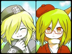  2girls :d ^_^ beret blonde_hair blush closed_eyes commentary facing_viewer frown froze_(funamusea) funamusea glasses green_hair grey_hat haiiro_teien hair_over_one_eye hat horns long_hair looking_at_viewer mini_hat multiple_girls red-framed_eyewear red_hair red_hat semi-rimless_eyewear short_hair smile split_screen uoyevolidsp yosafire_(funamusea) 