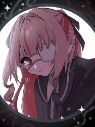  1girl backlighting black_ribbon blazer bloom blue_jacket blue_necktie blue_sailor_collar blush closed_mouth collared_shirt colored_inner_hair commentary_request dithering drill_hair eyepatch from_side grey_hair hair_intakes hair_ribbon highres jacket lapels leaning_forward long_hair looking_at_viewer makaino_ririmu medical_eyepatch monitoring_(vocaloid) multicolored_hair nagira07 necktie nijisanji notched_lapels official_alternate_costume official_alternate_hairstyle open_clothes open_jacket pink_hair pink_streaks pointy_ears pov_peephole red_eyes ribbon sailor_collar school_uniform shirt sidelocks solo sparkle star_(symbol) streaked_hair two-tone_hair two_side_up upper_body virtual_youtuber white_shirt 