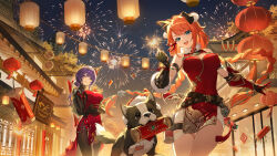  2girls animal animal_ears asymmetrical_gloves bandages belt black_gloves black_pantyhose blue_eyes braid building chinese_clothes chinese_new_year cielle_(strinova) dog dress fake_animal_ears fingerless_gloves firecrackers fireworks flavia_(strinova) fur_collar gauntlets gloves grin gun headband highres jewelry lamp lantern long_hair looking_at_viewer multicolored_eyes multiple_girls night official_art open_mouth pantyhose plant red_dress red_hair sign skyscraper smile strinova teeth third-party_source tongue tree weapon 