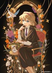  1girl absurdres animal bird bisho_imobing_hito blue_bird blue_eyes brown_hair brown_skirt chair commentary_request cup feet_out_of_frame haibara_ai highres long_sleeves meitantei_conan necktie photo_(object) purple_necktie shirt short_hair sitting skirt solo white_shirt 