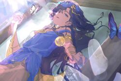  1girl armlet black_hair blue_butterfly blue_dress blue_veil bracelet bug butterfly dress eraine-chan evening_gown hand_up highres insect_pin isolde_(reverse:1999) isolde_(the_last_fluttering_beat)_(reverse:1999) jewelry long_hair lying official_alternate_costume on_back parted_lips reverse:1999 shawl sleeveless sleeveless_dress smile solo twitter_username two-tone_dress upper_body veil violet_eyes white_dress yellow_shawl 