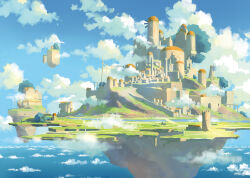  above_clouds city clouds cloudy_sky commentary_request dome fantasy floating_island foliage highres katou_oswaldo no_humans original scenery sky windmill 