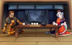  1boy 1girl absurdres armor bamboo bamboo_forest beard boots braid breasts brown_hair commentary commission crossover crowbar cup deryuuter dress eientei english_commentary facial_hair forest glasses gloves gordon_freeman grey_eyes grey_hair half-life_(series) hat hev_suit highres holding holding_cup indoors lambda_symbol large_breasts long_hair multicolored_dress nature nurse_cap on_floor orange_armor orange_boots orange_gloves power_armor rain smile socks table teapot touhou very_long_hair weapon white_socks wooden_floor yagokoro_eirin 