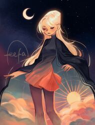  1girl blonde_hair blush cape closed_eyes closed_mouth clouds cloudy_sky crescent_moon dress eyelashes feefal gradient_clothes gradient_dress highres long_hair moon night original pantyhose procreate_(medium) sky solo standing sun sunset 