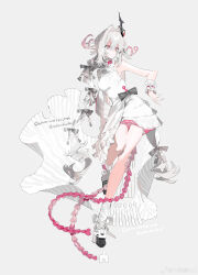  1girl absurdres asymmetrical_dress bare_shoulders black_bow bow braid chinese_commentary collar commentary_request dress frilled_collar frilled_wristband frills gradient_hair grey_background grey_hair hair_between_eyes hair_bow hair_intakes highres long_hair multicolored_hair original pink_eyes simple_background sleeveless sleeveless_dress solardark09 solo twin_braids very_long_hair waist_cape watermark weibo_username weibo_watermark white_dress 