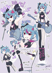  1girl :/ absurdres arm_up arm_warmers arrow_(symbol) asymmetrical_legwear bare_shoulders black_arm_warmers black_shirt black_shorts black_thighhighs blue_hair boots cleavage_cutout clothing_cutout colored_tips commentary deco_miku deco_miku_(darkness) empty_eyes fishnet_pantyhose fishnets grin guitar hatsune_miku heart heart-shaped_hair heart_cutout hello_(deco27) highres holding holding_guitar holding_instrument holding_microphone instrument jumping kicking kinosuke_(pattaba) medium_hair microphone microphone_stand midriff multicolored_hair multiple_views navel open_mouth pale_skin pantyhose pink_eyes pink_streaks purple_background shirt shorts signature single_arm_warmer single_thighhigh smile thigh-highs translated twintails vocaloid 