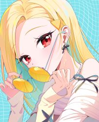  1girl absurdres bare_shoulders bead_necklace beads blonde_hair blue_background blush colored_inner_hair commentary earrings hair_ornament hairclip highres holding holding_removed_eyewear jewelry jingburger korean_commentary long_hair long_sleeves looking_at_viewer looking_over_eyewear lovett35 multicolored_hair necklace off-shoulder_shirt off_shoulder open_mouth orange-tinted_eyewear pearl_necklace portrait red_eyes shirt solo sunglasses tinted_eyewear unworn_eyewear upper_body virtual_youtuber waktaverse white_shirt 