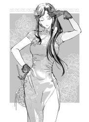  1girl 9urodine arm_up border breasts china_dress chinese_clothes closed_eyes closed_mouth cowboy_shot dress floral_background floral_print flower frilled_gloves frills gloves grey_background greyscale hair_flower hair_ornament hair_over_shoulder hand_fan hand_on_own_hip highres holding holding_fan long_hair medium_breasts monochrome official_alternate_costume official_alternate_hairstyle outside_border paper_fan parted_bangs parted_lips print_dress short_sleeves shoujo_kageki_revue_starlight side_slit solo standing tendou_maya uchiwa white_border 