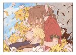  1boy 1girl absurdres aerith_gainsborough armor_removed bangs blonde_hair blue_eyes blue_shirt bracelet braid braided_ponytail brown_hair cloud_strife clouds cloudy_sky couple cropped_jacket crying dress falling_petals final_fantasy final_fantasy_vii final_fantasy_vii_remake flower green_eyes grey_sky hair_ribbon highres holding_another&#039;s_head jacket jewelry lap_pillow materia metanaito122 multiple_bracelets open_mouth parted_bangs parted_lips petals pink_dress red_jacket ribbon shirt short_hair short_sleeves sidelocks sky sleeveless sleeveless_turtleneck smile spiky_hair suspenders tears turtleneck wavy_hair white_flower yellow_flower 
