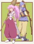  1boy 1girl arche_klein blue_hair chester_burklight closed_mouth earrings elbow_gloves full_body gloves jewelry long_hair looking_at_viewer neko_(hansinn) pants pink_eyes pink_hair pink_pants ponytail smile tales_of_(series) tales_of_phantasia wide_ponytail 
