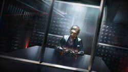  1boy absurdres black_gloves black_pants black_shoes black_vest blonde_hair breast_pocket brown_eyes chinese_commentary commentary_request cuffs desk girls_frontline gloves highres official_art pants pocket purple_shirt shirt shoes smile solo sunglasses vest william_(reverse_collapse) 