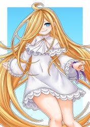  1girl blonde_hair blue_eyes blush cute dress full_body highres long_hair long_sleeves louis_arneb purple_ribbon re:zero_kara_hajimeru_isekai_seikatsu scarf sharp_teeth simple_background smile smirk solo spica_(re:zero) teeth thighs white_dress 