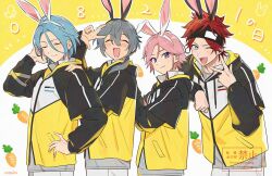  4boys :d ;d ^_^ amagi_rinne animal_ear_hairband animal_ears artist_name black_hairband black_headband black_jacket blue_eyes blue_hair blush bunny_day carrot closed_eyes closed_mouth collared_shirt commentary crazy_b_(ensemble_stars!) drawstring earrings ensemble_stars! fake_animal_ears grey_hair hair_over_shoulder hairband hand_on_another's_shoulder hand_on_own_hip hand_up headband himeru_(ensemble_stars!) hood hood_down hooded_jacket jacket jewelry long_hair long_sleeves low_ponytail lunapont male_focus multicolored_jacket multiple_boys one_eye_closed open_mouth oukawa_kohaku parted_bangs parted_hair pink_hair ponytail rabbit_ear_hairband rabbit_ears red_hair shiina_niki shirt short_hair simple_background smile smirk standing sweatdrop teeth two-tone_background untranslatable_commentary upper_teeth_only violet_eyes w watermark white_background white_hairband white_shirt yellow_background yellow_jacket 